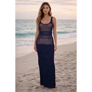 Venus Crochet Navy Mesh Illusion Maxi Dress S Nude Lined Resort Beach Bodycon